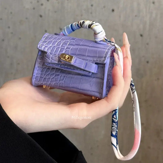 Mini Kelly Bag AirPods Case Croc Embossed Leather Charm - milkycases