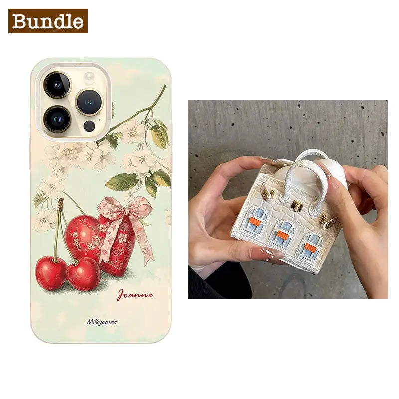 Best Gift Bundle / Mini Birkin Bag & Cherry Heart Personalized iPhone Case