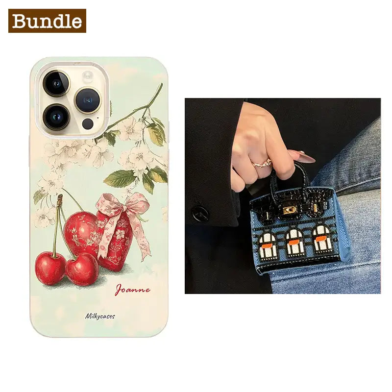 Best Gift Bundle / Mini Birkin Bag & Cherry Heart Personalized iPhone Case