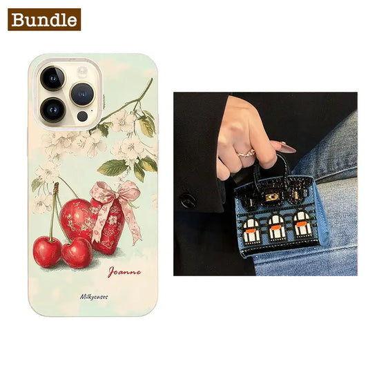 Best Gift Bundle / Mini Birkin Bag & Cherry Heart Personalized iPhone Case