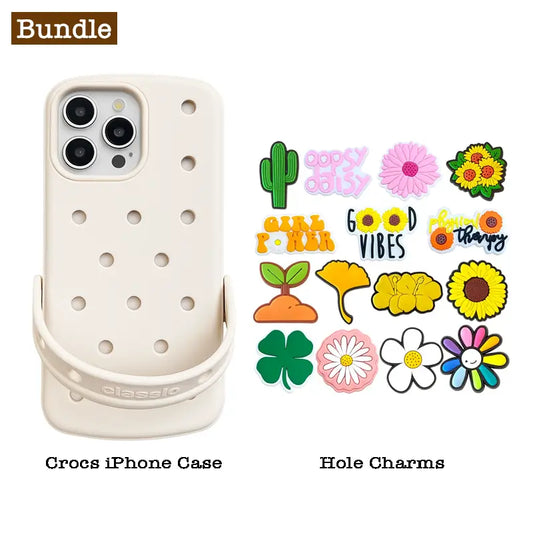 Bundle / White iPhone Crocs Case with Handle Loop & Sunny Bloom Hole Charms