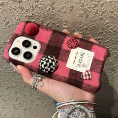 Button Checkered Pattern Plush Fabric iPhone Case