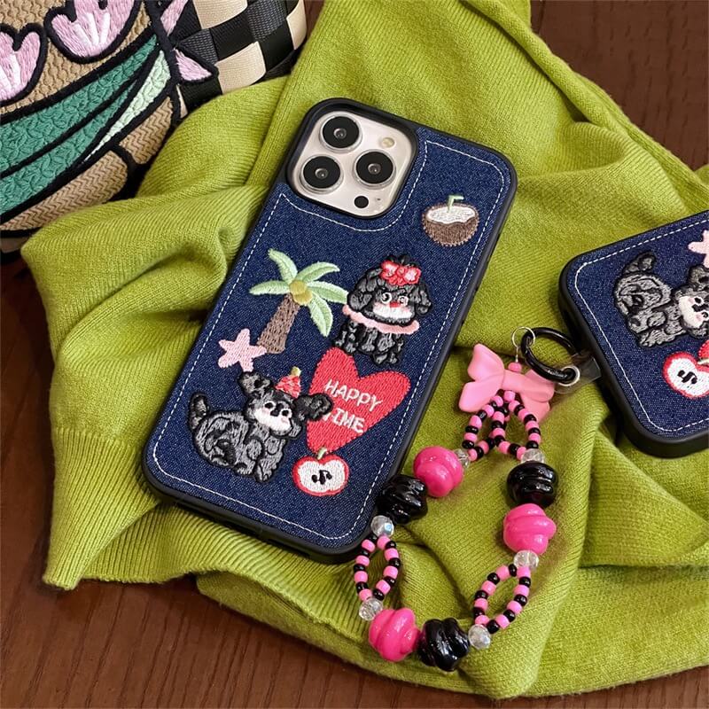 Coconut Pups Embroidered Denim iPhone Case