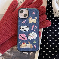 Cute Cartoon Embroidery Denim iPhone Case