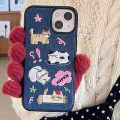 Cute Cartoon Embroidery Denim iPhone Case