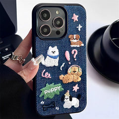 Cute Cartoon Embroidery Denim iPhone Case