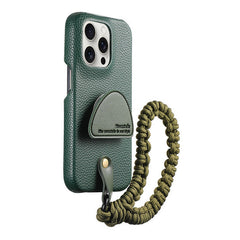 Dark Green Leather iPhone Case with Phone Grip & Wrist Strap