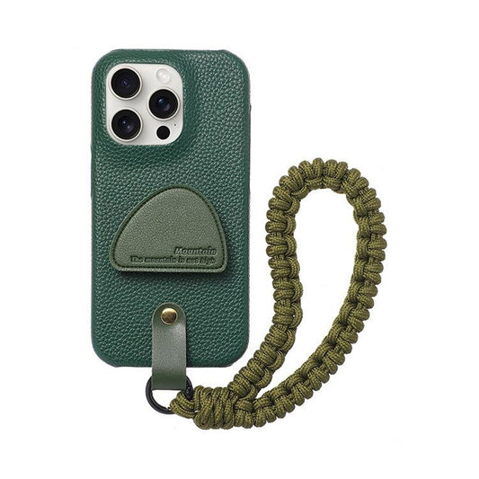 Dark Green Leather iPhone Case with Phone Grip & Wrist Strap