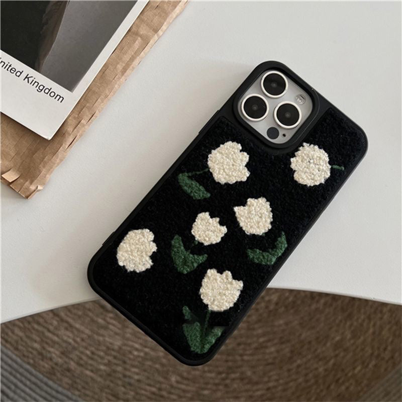 Embroidery White Tulips Fabric iPhone Case