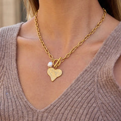 Golden Pearl Heart Toggle Necklace