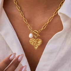 Golden Pearl Heart Toggle Necklace