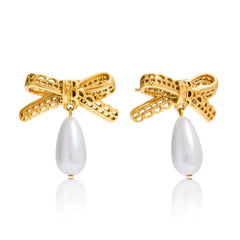 Lace Bow Pearl Drop Earrings