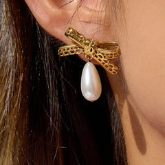 Lace Bow Pearl Drop Earrings