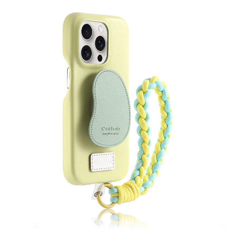 Lemon Yellow Leather iPhone Case with Phone Grip & Wrist Strap