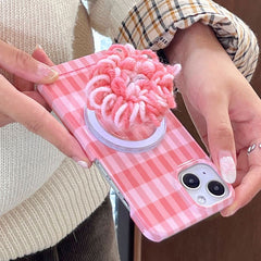 Pink Checkered iPhone Case with Cute Yarn PopSocket