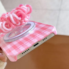 Pink Checkered iPhone Case with Cute Yarn PopSocket