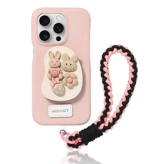 Pink Leather Rabbit iPhone Case with Phone Grip & Wrist Strap