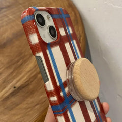Red-Blue Vintage Plaid Pattern iPhone Case with Wood PopSocket Stand