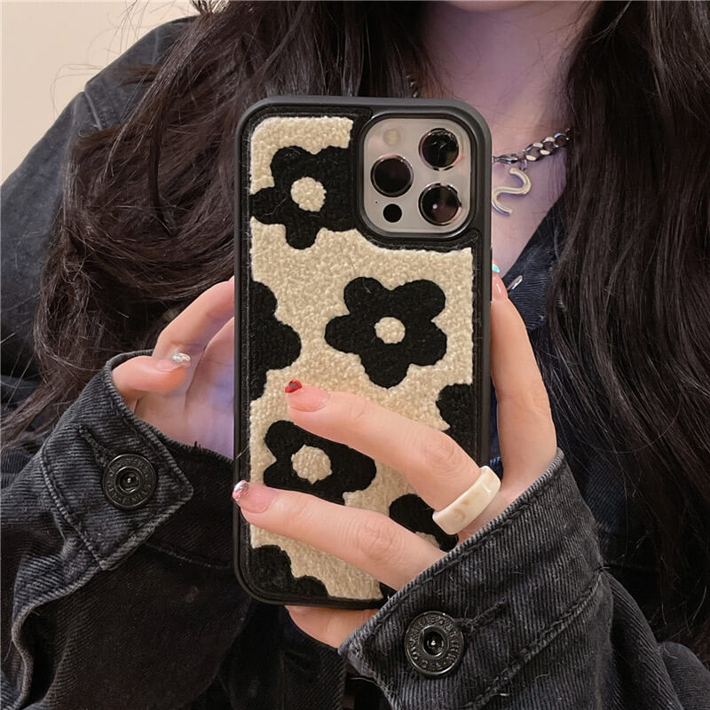 Towel Embroidery Black White Flower iPhone Case