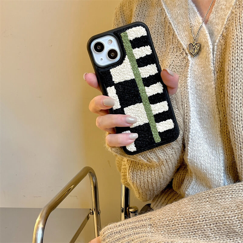 Towel Embroidery Green Stripe Black Checkerboard iPhone Case