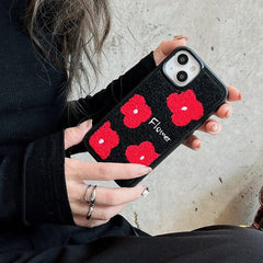 Towel Embroidery Red Flower Black iPhone Case